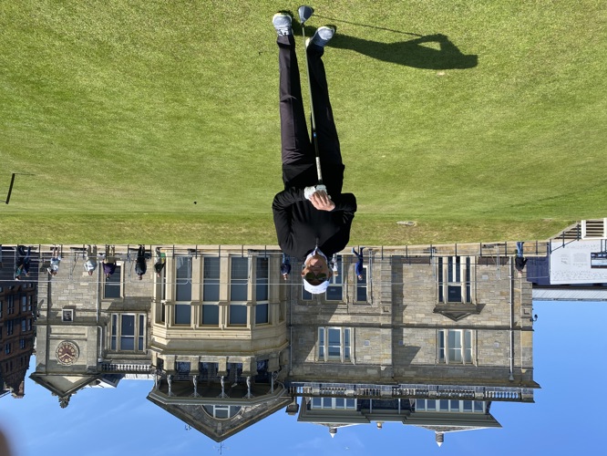 Ready to tee off on the Old Course St Andrews - it was my lucky day, just look at the weather!